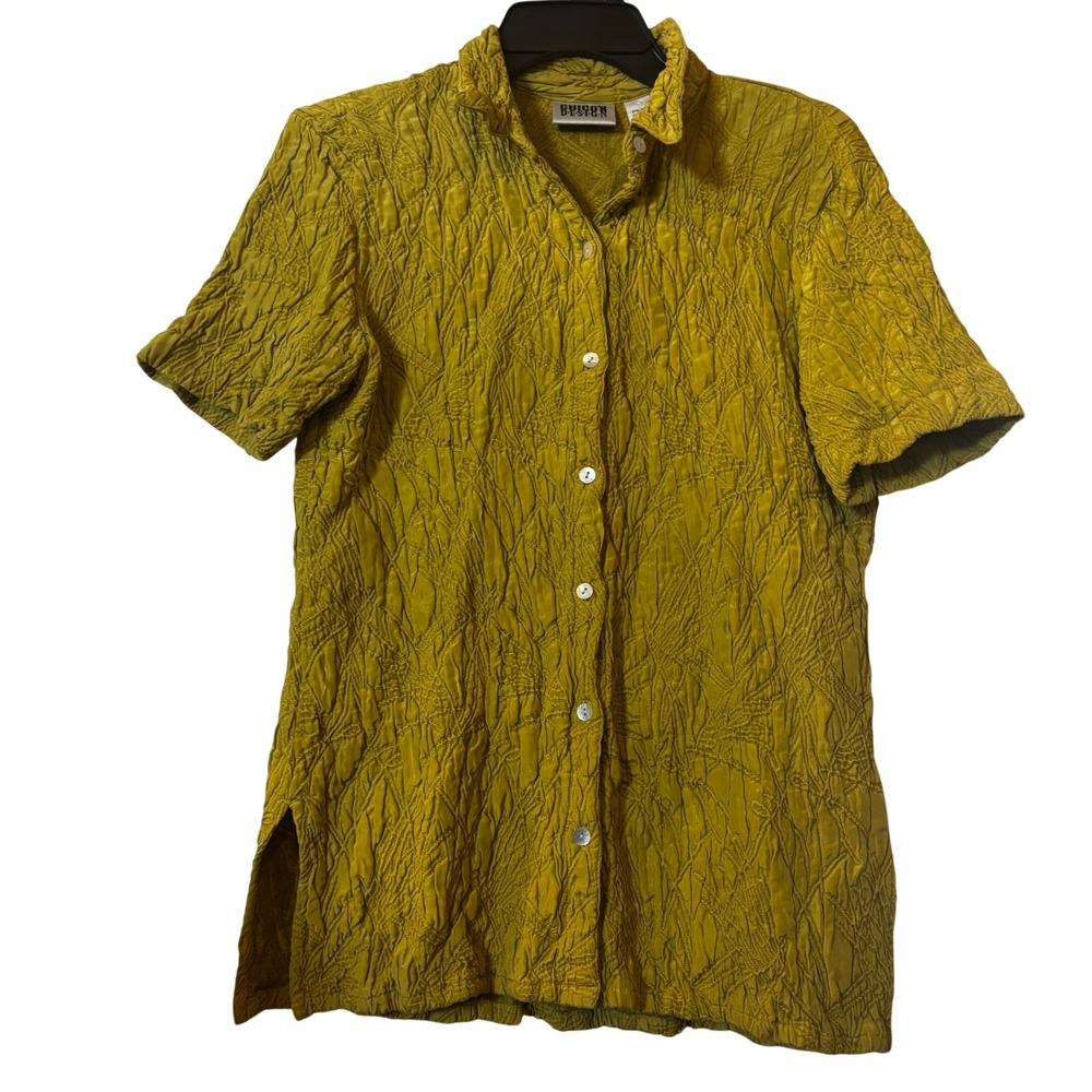 Chico's Design Womens Textured Blouse Sz 1 Medium Button Front Silk Wool Green